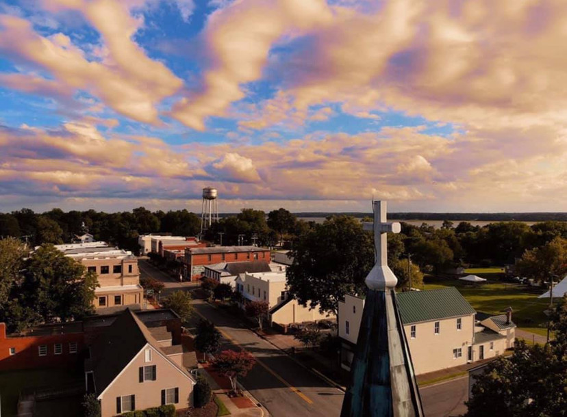 drone photo overlooking small town