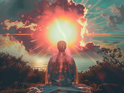 man looking out at sunset.