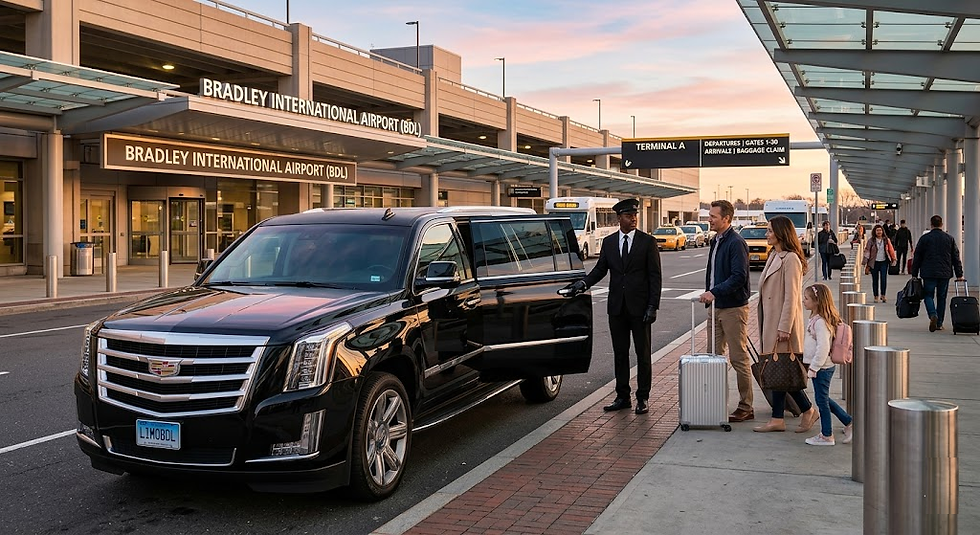 Luxury limousine with chauffeur at Bradley International Airport terminal entrance