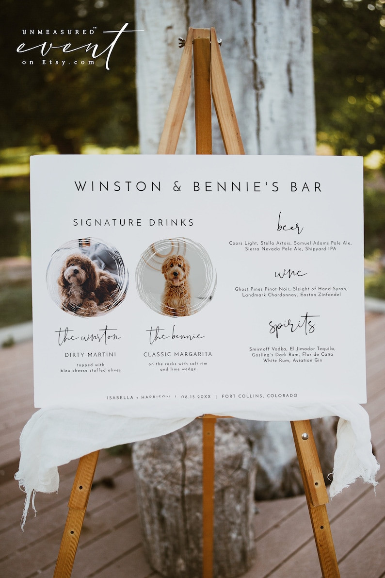 ADELLA Signature Pet Collection sign by Unmeasured Events. This DIY printable signature drink sign template features an edgy handwritten font and one easy to use photo slots. Use this template to edit all wording, font, font color, and the background color to match your event style. Sign is held up by a wooden easel in an outdoor area. all via unmeasured events