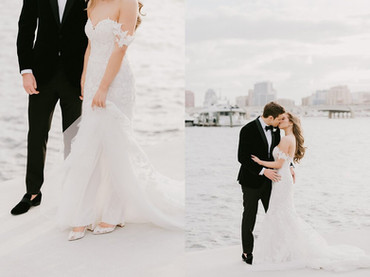 Bride and groom portraits on the pier with lace gown in West Palm Beach Florida wedding