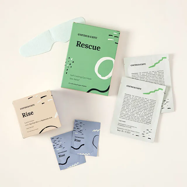 various eye care masks in their pouches to show what comes in an eye self care recovery kit and a close up of the eye mask itself. all via unmeasured events
