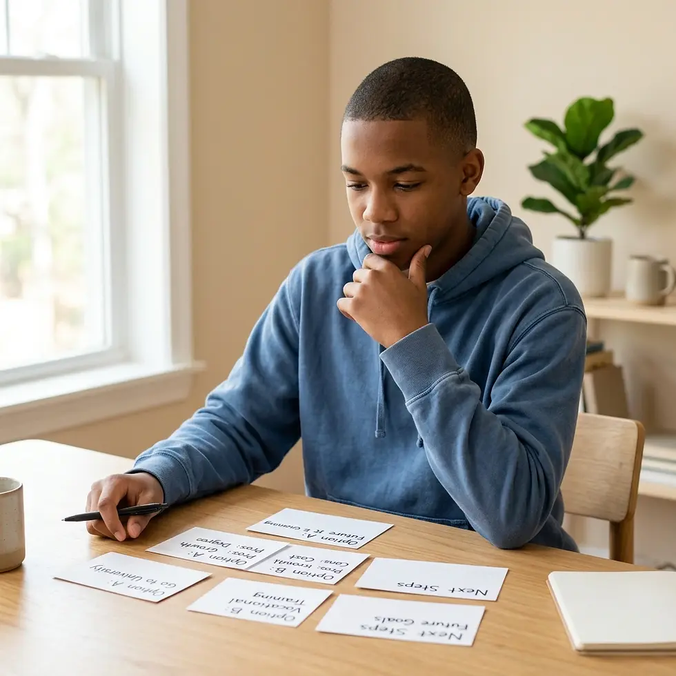 Natural light photography of a young man thoughtfully studying flashcards at a wooden table. The scene conveys focus and dedicated learning.