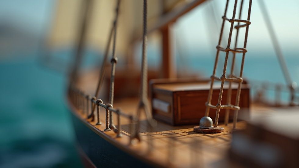Close-up view of detailed ship railing on a scale model