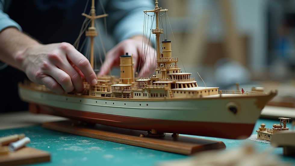 Eye-level view of a model ship with custom parts being installed