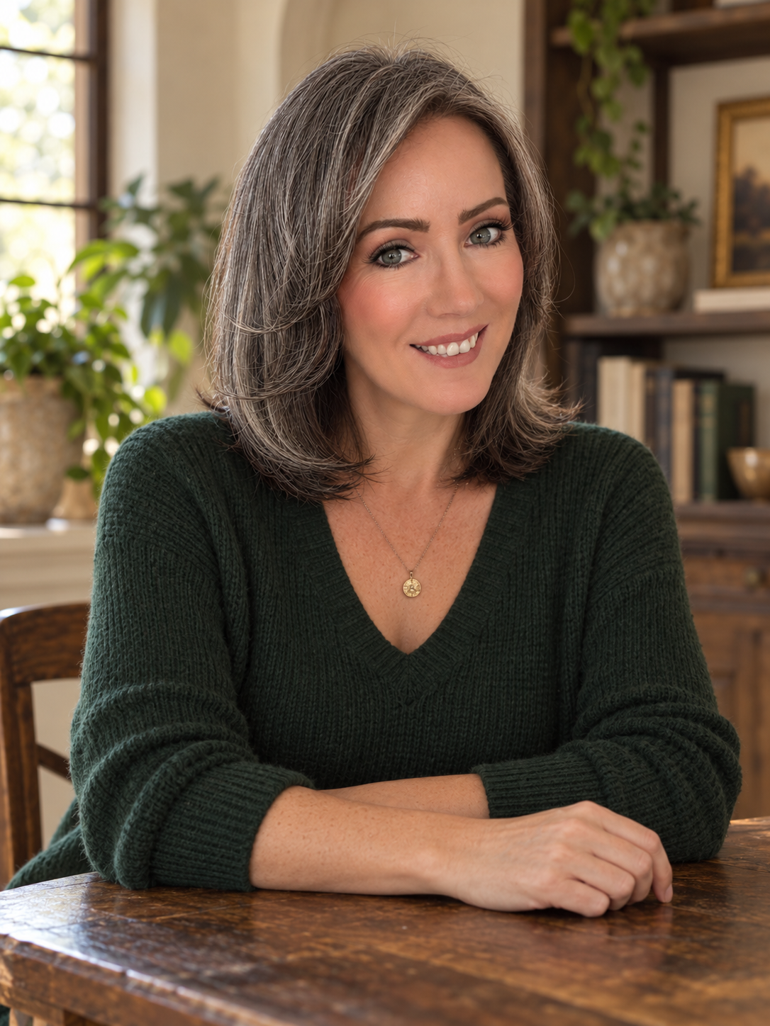 Erica Cook in a forest-green sweater, smiling across a wooden table in her study