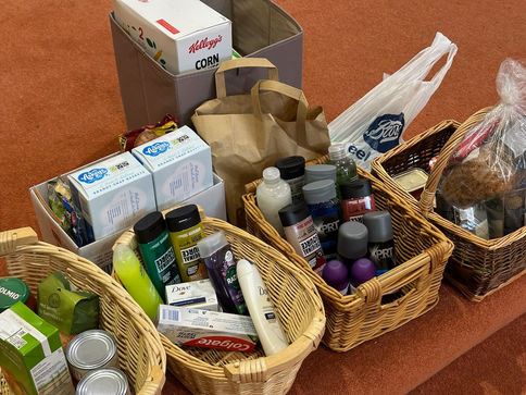 Donations of toiletries are gathered in boxes and baskets. These are to be given to the Haxby Food Share Project, supporting local people in our community.
