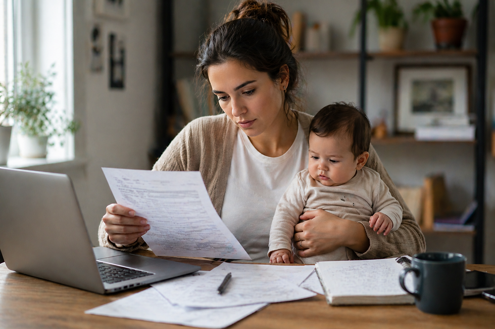 Woman holding a baby, reviewing documents at a desk with laptop, papers, and mug. Home setting with plants and shelves in the background.