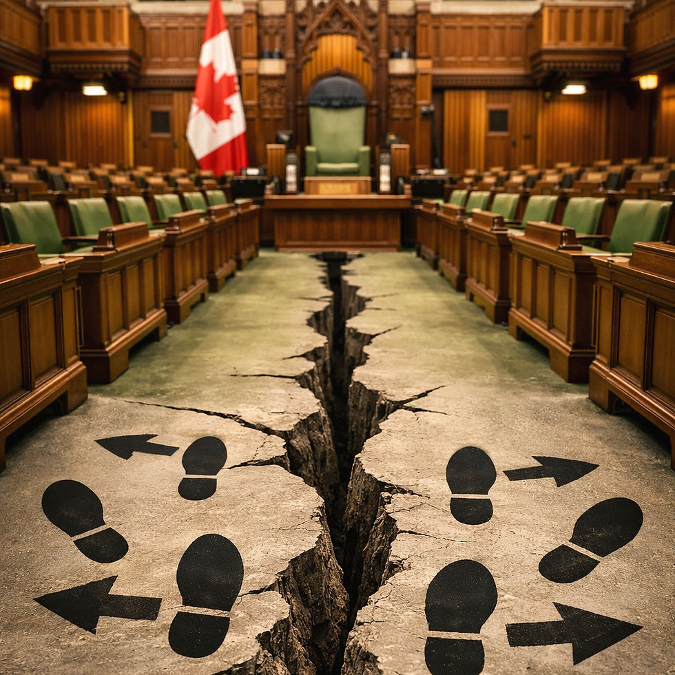 A large crack runs through the floor of a government chamber with rows of green seats. Footprints point in different directions. Canadian flag visible.