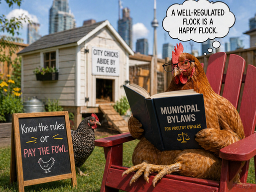 Chicken with glasses reads "Municipal Bylaws" on red chair.