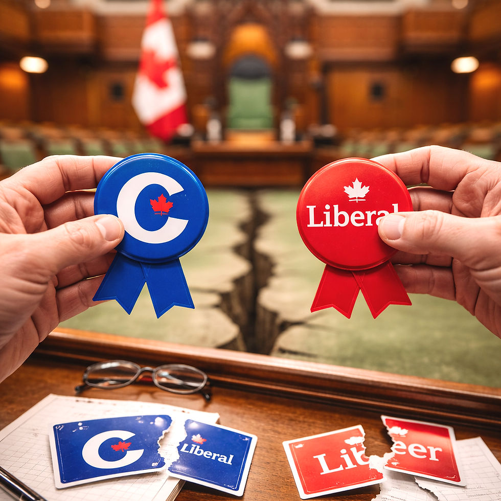 Hands hold blue "Conservative" and red "Liberal" badges in an assembly room.