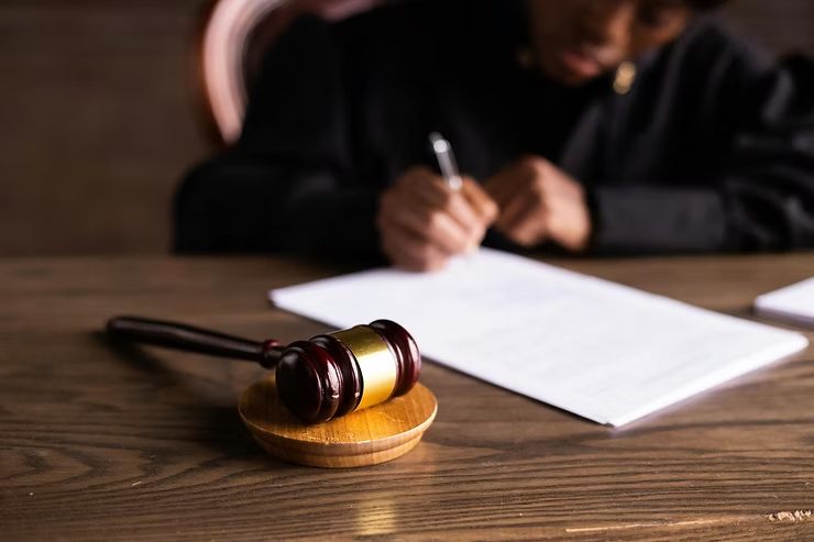 Gavel on wooden desk with judge writing on documents. Background blurred. Warm tones, formal setting, focused and serious atmosphere.