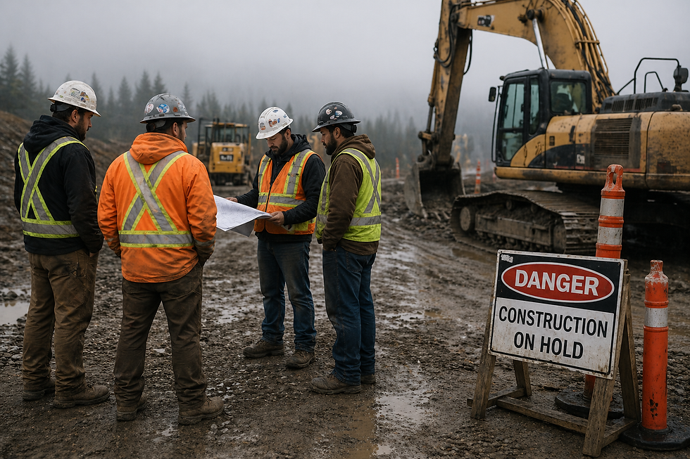 Four workers in safety gear review plans on a muddy construction site. An excavator is nearby, and a sign reads "Danger: Construction on Hold."