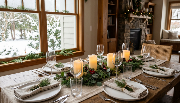 Close-up view of a simple winter dining table set for a family meal.