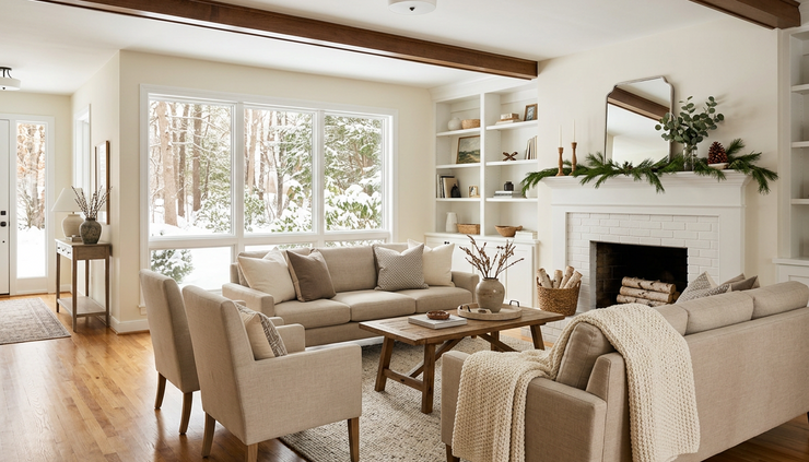 Wide-angle view of a clean living room prepared for a winter home showing.