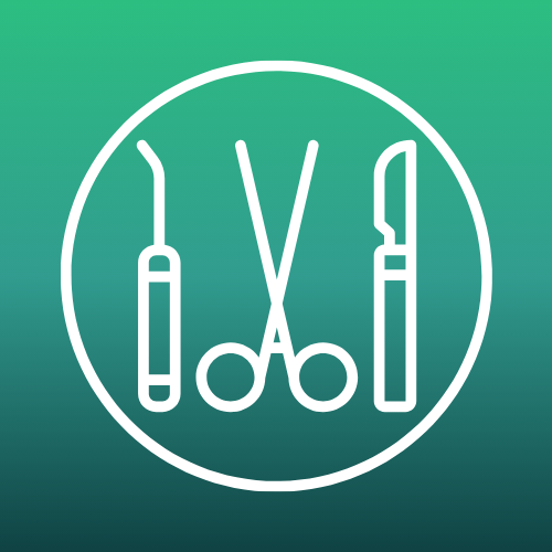 Surgical tools (scalpel, scissors) in a circle – symbolizing general surgery services.