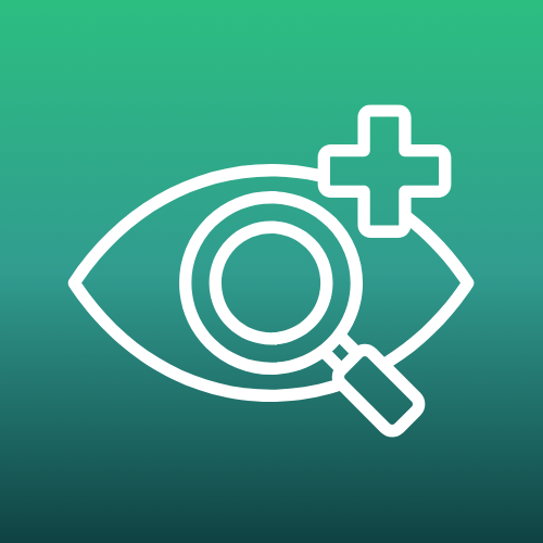 Eye with magnifying glass and medical cross – representing ophthalmology and eye health.