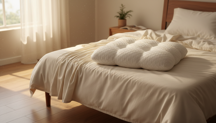 Eye-level view of a white memory foam pillow on a neatly made bed