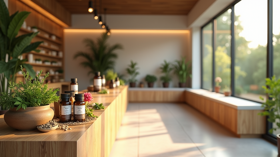 High angle view of a modern Ayurvedic clinic with organic products displayed
