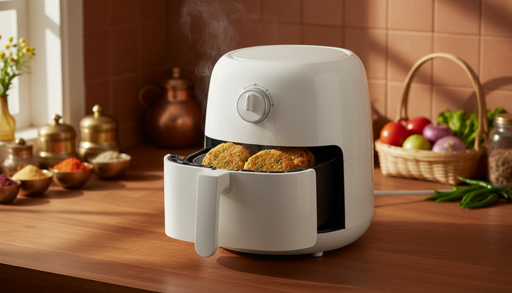 Close-up view of a compact air fryer with crispy snacks in the basket