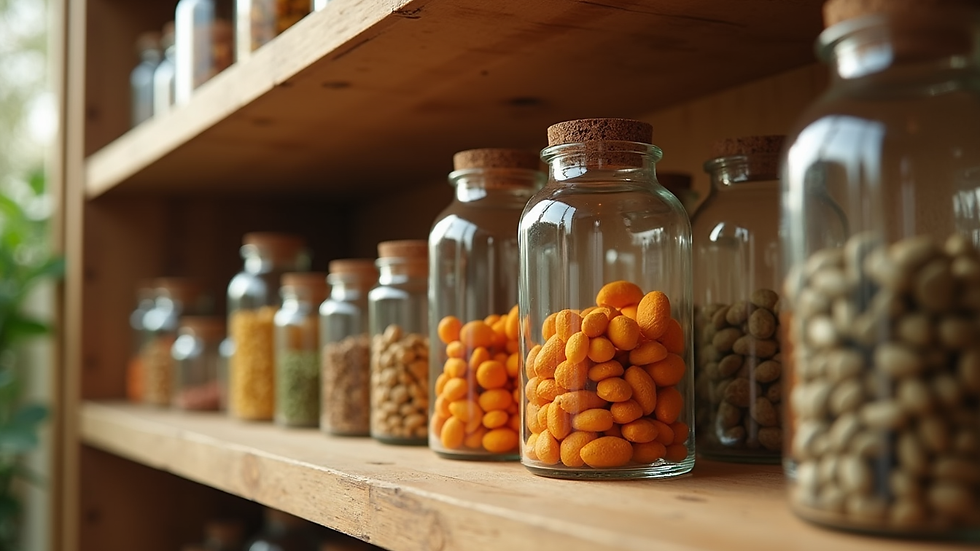 Eye-level view of organic Ayurvedic supplements in glass jars on a wooden shelf