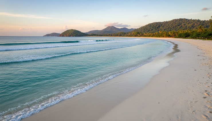 Wide-angle view of Pasir Putih Beach with white sand and calm blue water