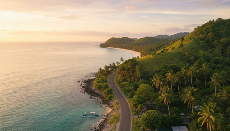 Wide-angle view of the coastline near Maluk in West Sumbawa during golden hour