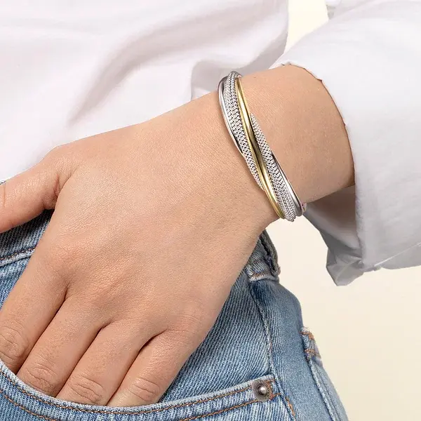 Thumbnail: 925 Sterling Silver and 14K Yellow Gold Bujukan Multiple Row Bangle Bracelet