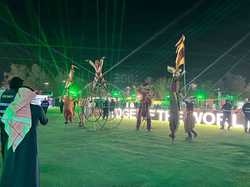 LIV Golf Riyadh - Circo di Strada performs Circolation parade with Acrowheel and stiltwalkers as roaming family entertainment in Saudi Arabia