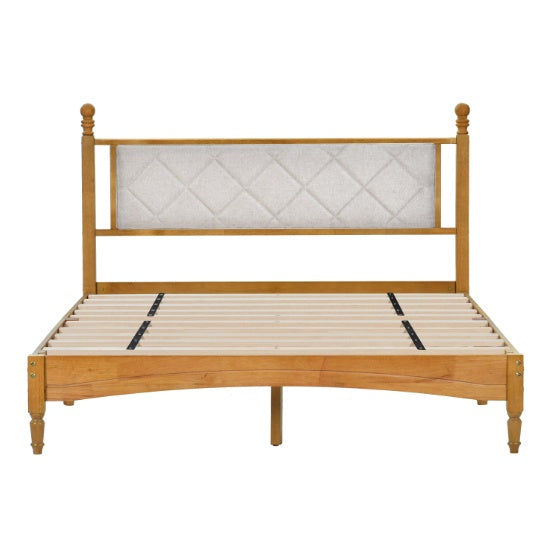 Wooden Bed Frame With Upholstered Headboard In Fabric, Solid Rubberwood With Woo