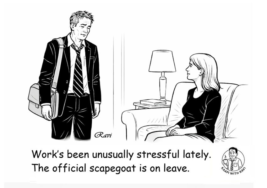 office scapegoat humor cartoon about workplace blame culture