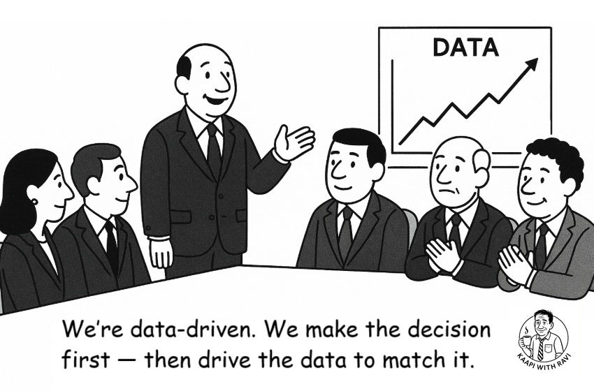 Black and white cartoon satire on a business meeting showing data manipulation and confirmation bias. Man says: "We make the decision first—then drive the data to match it."