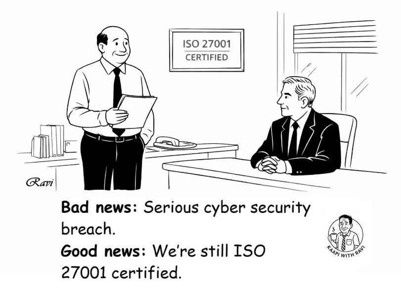 A cybersecurity compliance irony cartoon by Kaapi with Ravi showing an employee reporting a serious breach to a manager while pointing out they are still ISO 27001 certified.