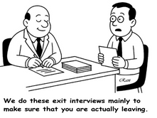 Cartoon of an exit interview where the manager admits the main goal is to confirm the employee is actually leaving.