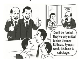 Kaapi with Ravi - Workplace humor - Office cartoon depicting two smiling employees united with thumbs up, while a warning CEO says their alliance is temporary and aimed at sabotaging the new BU head.