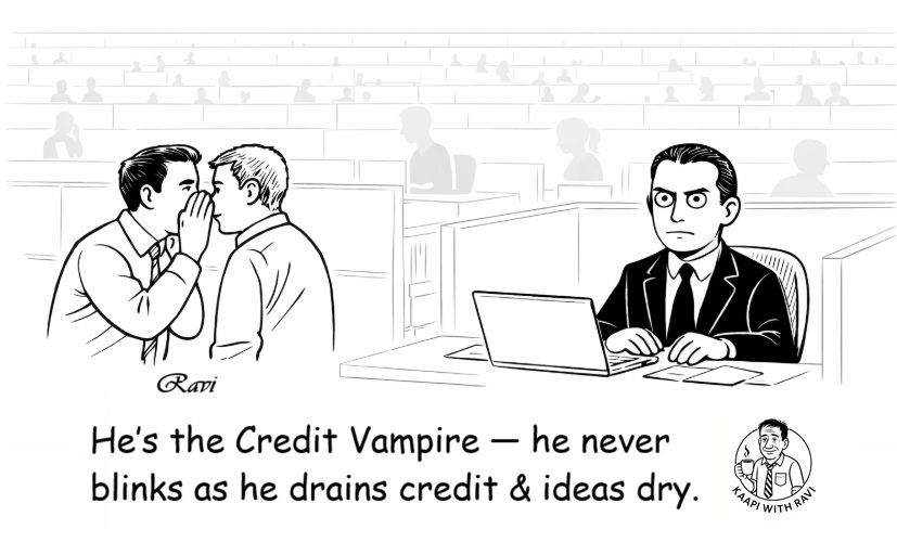 Credit Vampire cartoon showing a colleague quietly draining others’ credit at work