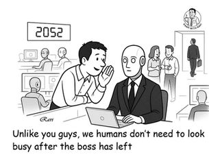 Faking Busy AI Office Cartoon: The Future of Work Performance