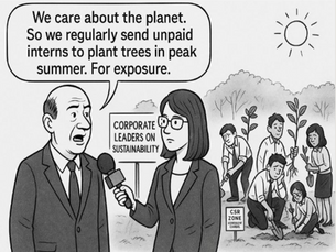 Cartoon showing corporate leaders sending unpaid interns to plant trees in peak summer for CSR publicity, highlighting performative social responsibility.