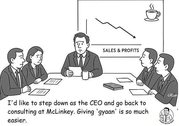 Black-and-white corporate cartoon of a stressed CEO telling his leadership team he wants to resign and return to consulting because it’s easier
