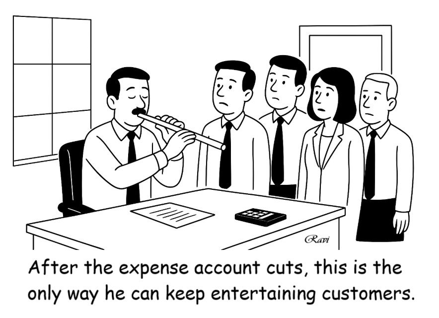 Man in an office playing a flute at his desk while colleagues watch — caption: “After the expense account cuts, this is the only way he can keep entertaining customers.”