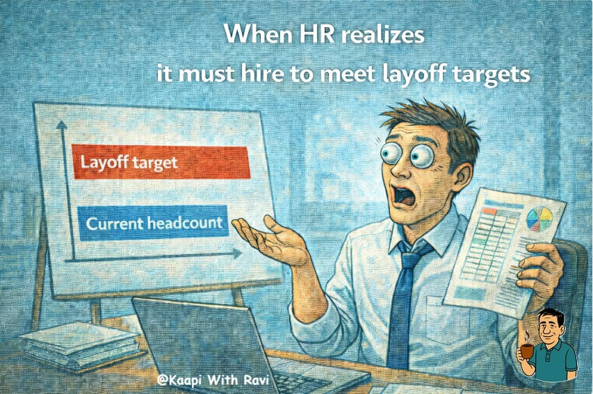 Hire to meet layoff target meme showing an HR manager shocked by a bar chart where layoff targets exceed current headcount.