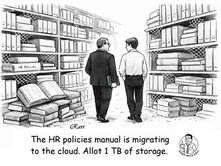 HR Policies Cloud Migration Cartoon: Digitizing the Bureaucracy