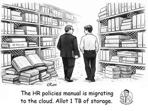 HR Policies Cloud Migration Cartoon: Digitizing the Bureaucracy