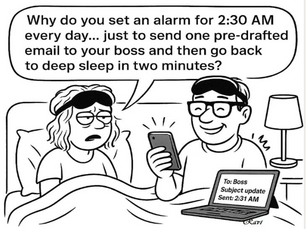 Cartoon depicting a person waking up at 2:30 AM to send a pre-drafted work email, highlighting how timing is used to manage workplace perceptions.