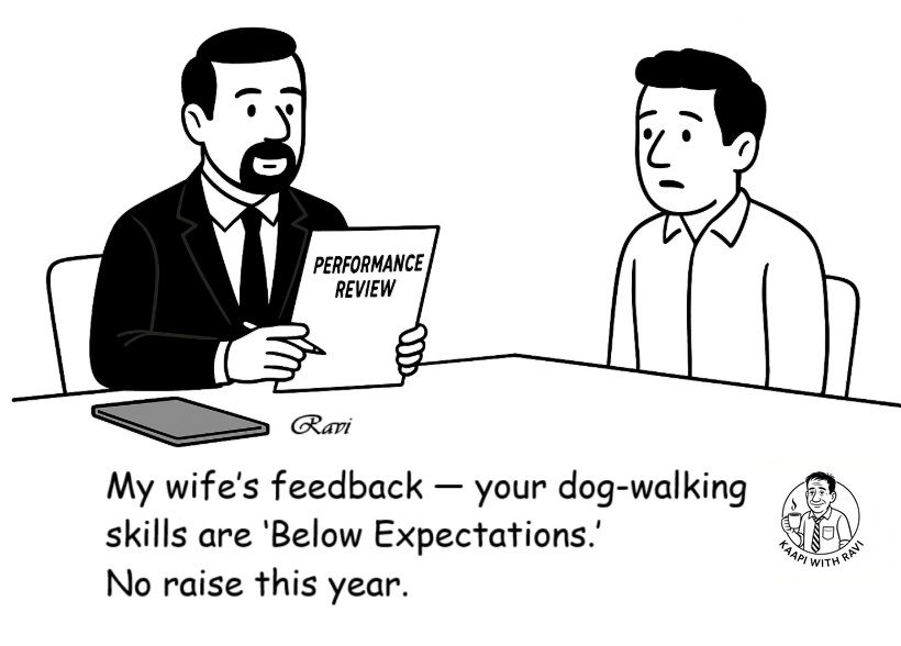 Boss holding a performance review sheet tells an employee his dog-walking skills are ‘Below Expectations’ as per his wife’s feedback—black and white minimalistic office cartoon.