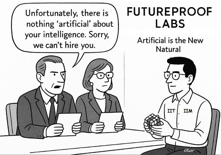 Kaapi with Ravi cartoon on artificial intelligence hiring bias, showing interviewers rejecting a candidate for being too human.