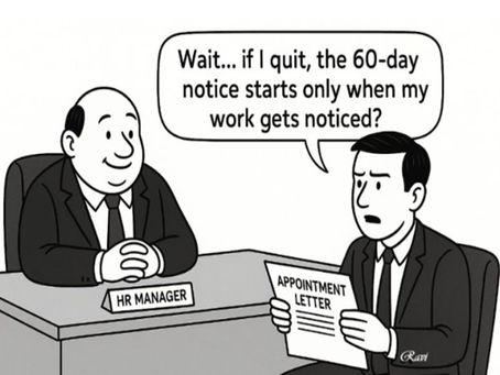 Cartoon showing an employee questioning whether their 60-day notice period begins only after their work is noticed by management.