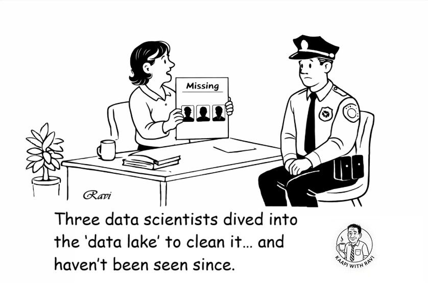 A data lake satire cartoon by Kaapi with Ravi showing a woman holding a missing person poster with three silhouettes, reporting their disappearance to a police officer.