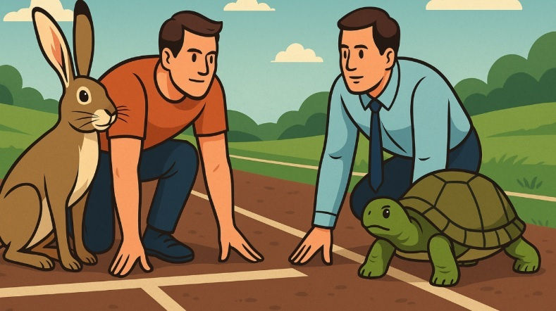 Conceptual illustration of a tortoise and hare at starting lines labeled Purpose and Pressure, symbolizing the intentional careerist choosing the right race.