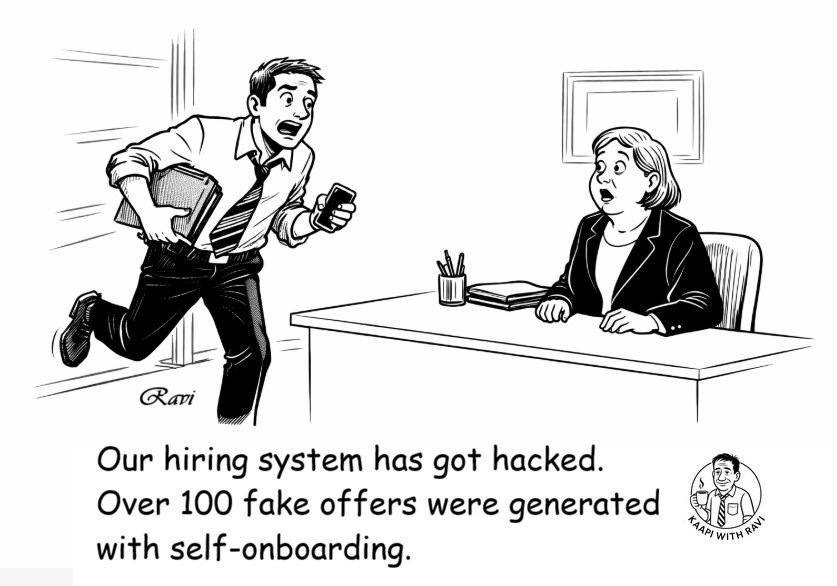 An automated hiring system breach cartoon by Kaapi with Ravi showing a panicked employee reporting that a hack generated 100 fake job offers with self-onboarding.